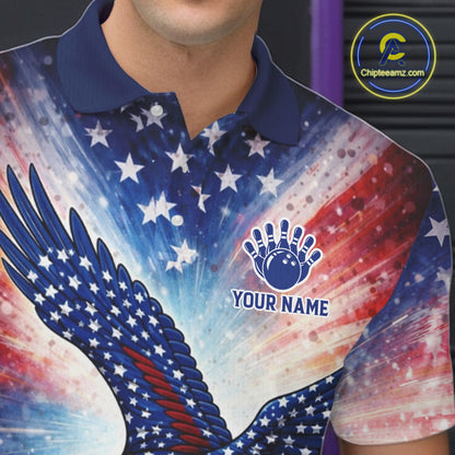 American Flag Eagle Bowling Polo & 1/4 Zip Shirts For Men Custom Patriotic Bowling Team Jersey TDM6284