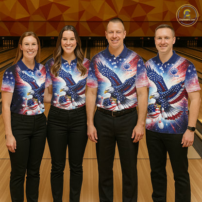 American Flag Eagle Bowling Polo & 1/4 Zip Shirts For Men Custom Patriotic Bowling Team Jersey TDM6284