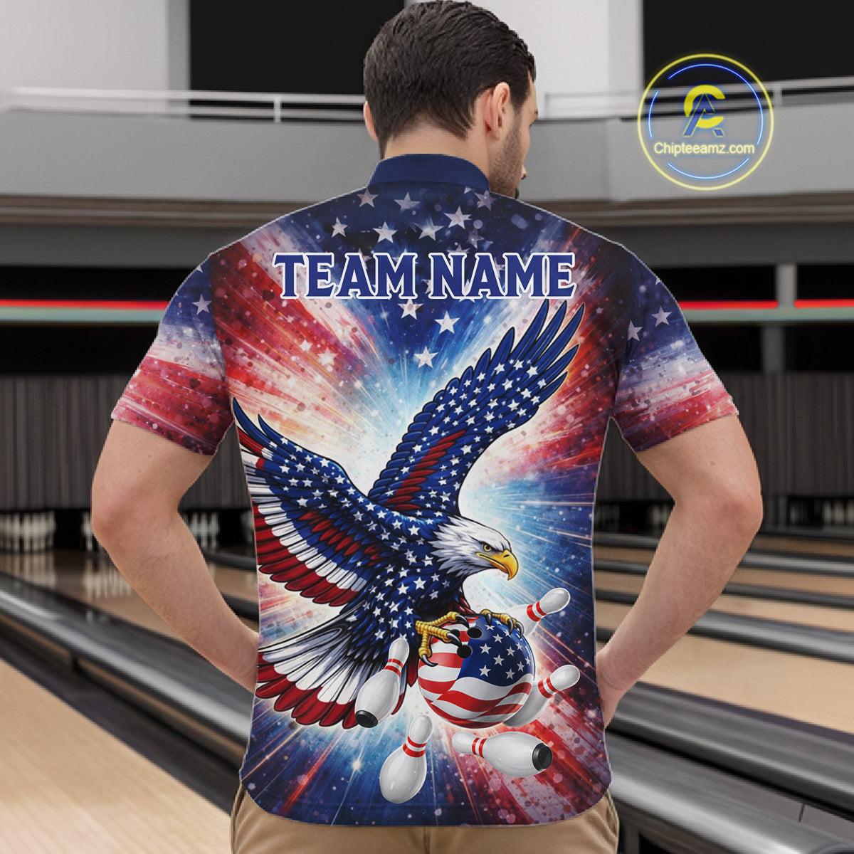 American Flag Eagle Bowling Polo & 1/4 Zip Shirts For Men Custom Patriotic Bowling Team Jersey TDM6284