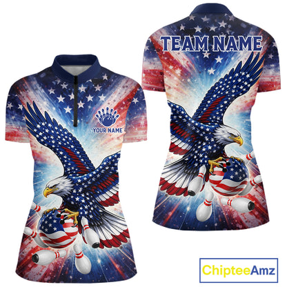 American Flag Eagle Bowling Polo & 1/4 Zip Shirts For Women Custom Patriotic Bowling Team Jersey TDM6284
