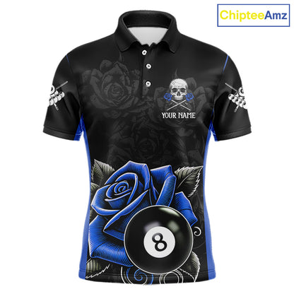 Black And Blue 8 Ball Pool And Roses Custom Skull Billiard Shirts For Men, Billiard Team Jersey TDM6286