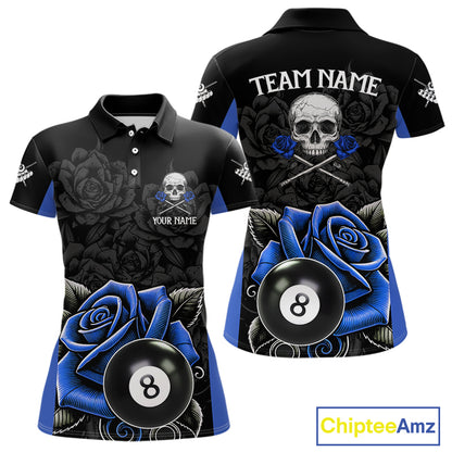 Black And Blue 8 Ball Pool And Roses Custom Skull Billiard Shirts For Women, Billiard Team Jersey TDM6286