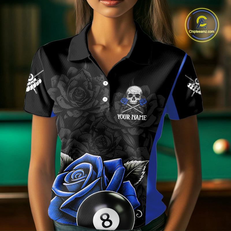 Black And Blue 8 Ball Pool And Roses Custom Skull Billiard Shirts For Women, Billiard Team Jersey TDM6286