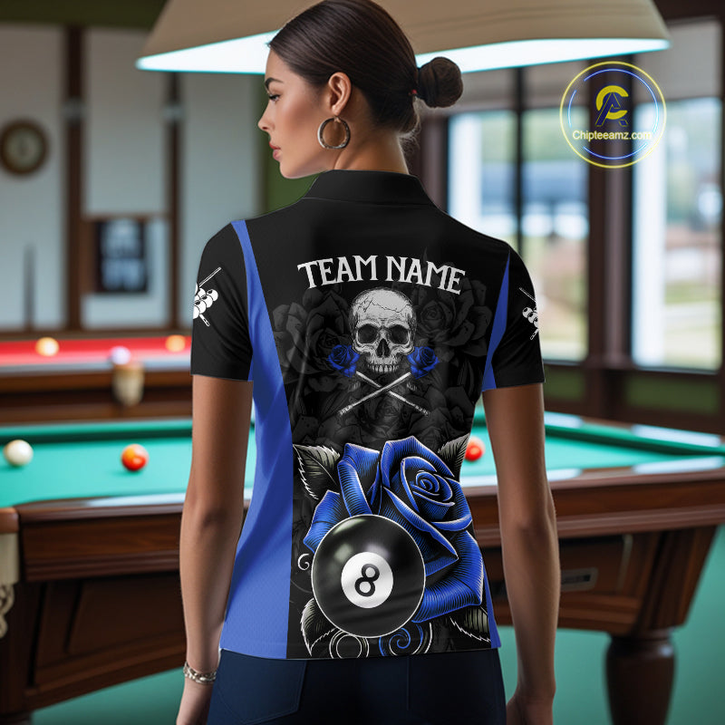 Black And Blue 8 Ball Pool And Roses Custom Skull Billiard Shirts For Women, Billiard Team Jersey TDM6286