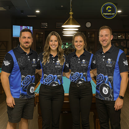 Black And Blue 8 Ball Pool And Roses Custom Skull Billiard Shirts For Women, Billiard Team Jersey TDM6286