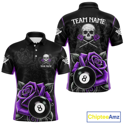 Black And Purple 8 Ball Pool And Roses Custom Skull Billiard Shirts For Men, Billiard Team Jersey TDM6287