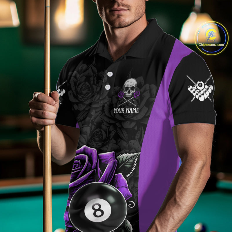 Black And Purple 8 Ball Pool And Roses Custom Skull Billiard Shirts For Men, Billiard Team Jersey TDM6287
