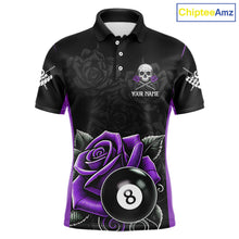 Load image into Gallery viewer, Black And Purple 8 Ball Pool And Roses Custom Skull Billiard Shirts For Men, Billiard Team Jersey TDM6287