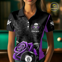 Load image into Gallery viewer, Black And Purple 8 Ball Pool And Roses Custom Skull Billiard Shirts For Women, Billiard Team Jersey TDM6287