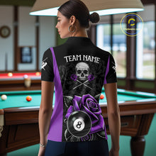 Load image into Gallery viewer, Black And Purple 8 Ball Pool And Roses Custom Skull Billiard Shirts For Women, Billiard Team Jersey TDM6287