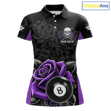 Load image into Gallery viewer, Black And Purple 8 Ball Pool And Roses Custom Skull Billiard Shirts For Women, Billiard Team Jersey TDM6287