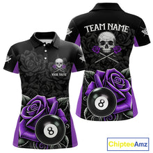 Load image into Gallery viewer, Black And Purple 8 Ball Pool And Roses Custom Skull Billiard Shirts For Women, Billiard Team Jersey TDM6287