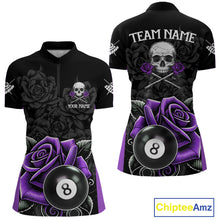 Load image into Gallery viewer, Black And Purple 8 Ball Pool And Roses Custom Skull Billiard Shirts For Women, Billiard Team Jersey TDM6287