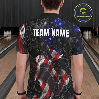 Custom American Flag Smoke Bowling Shirt For Men, Patriotic Team Bowling Jersey Polo & 1/4 Zip TDM6290