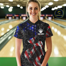 Load image into Gallery viewer, Custom American Flag Smoke Bowling Shirt For Women, Patriotic Team Bowling Jersey Polo &amp; 1/4 Zip TDM6290