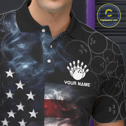 Custom American Flag Smoke Bowling Shirt For Men, Patriotic Bowling Jersey Team Polo & 1/4 Zip TDM6291