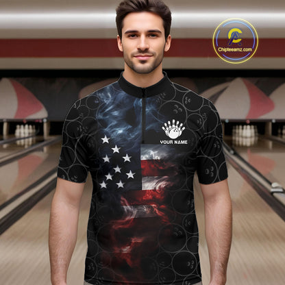 Custom American Flag Smoke Bowling Shirt For Men, Patriotic Bowling Jersey Team Polo & 1/4 Zip TDM6291