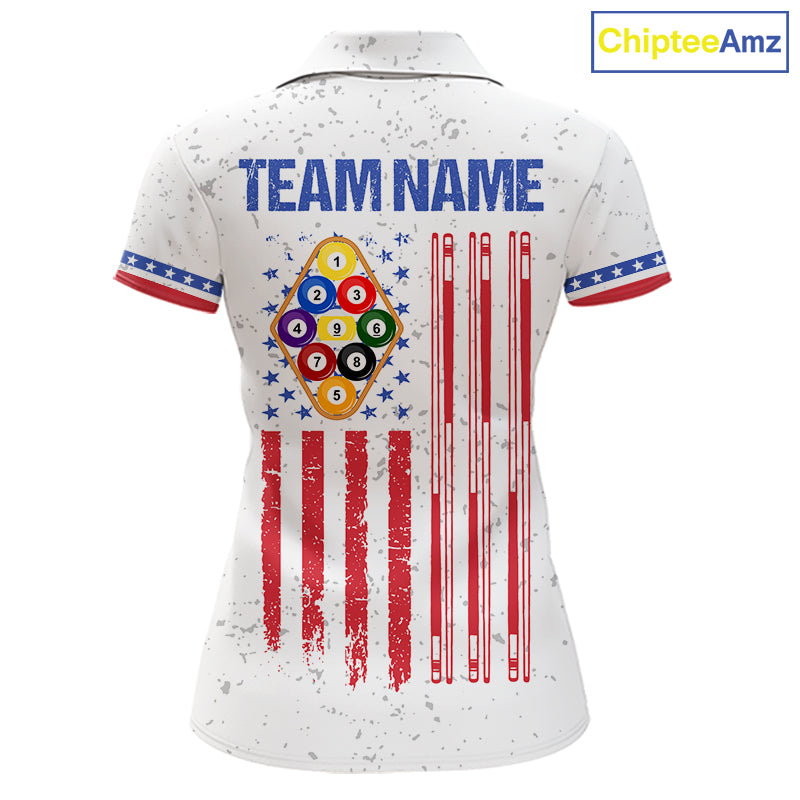 White American flag 9 ball billiard polo shirt for women with patriotic pool team graphics.