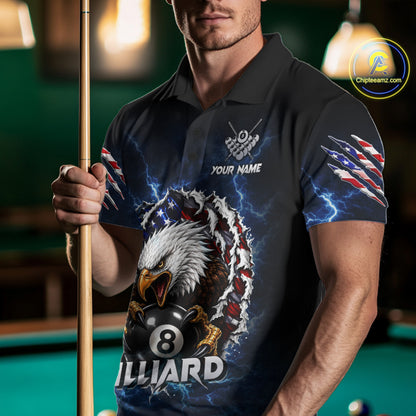 Blue lightning American flag eagle 8 ball billiard quarter zip shirt for men designed for league tournaments and team events.
