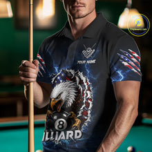 Load image into Gallery viewer, Blue lightning American flag eagle 8 ball billiard quarter zip shirt for men designed for league tournaments and team events.