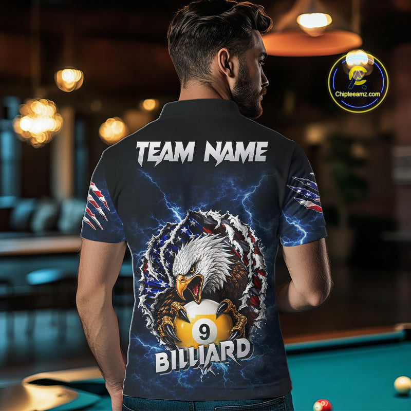 Back view of man wearing a blue lightning eagle patriotic pool shirt in a billiards hall.