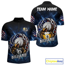 Load image into Gallery viewer, Blue lightning eagle American flag 8 ball and 9 ball billiard quarter zip shirt for men built for tournaments and league competition.