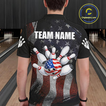 Load image into Gallery viewer, Man wearing retro American flag patriotic bowling polo shirt back view.