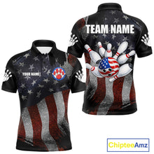 Load image into Gallery viewer, Retro American flag patriotic bowling team jersey polo shirt for men, custom bowling league apparel with vintage USA flag design.