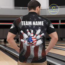 Load image into Gallery viewer, Man wearing retro American flag patriotic bowling quarter zip shirt back view.
