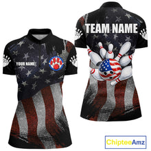 Load image into Gallery viewer, Retro American flag patriotic bowling team quarter zip shirt for women, custom patriotic bowling league jersey.