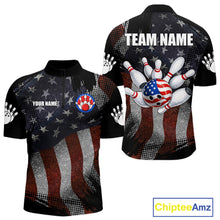 Load image into Gallery viewer, Retro American flag patriotic bowling team quarter zip shirt for men, custom patriotic bowling league jersey.