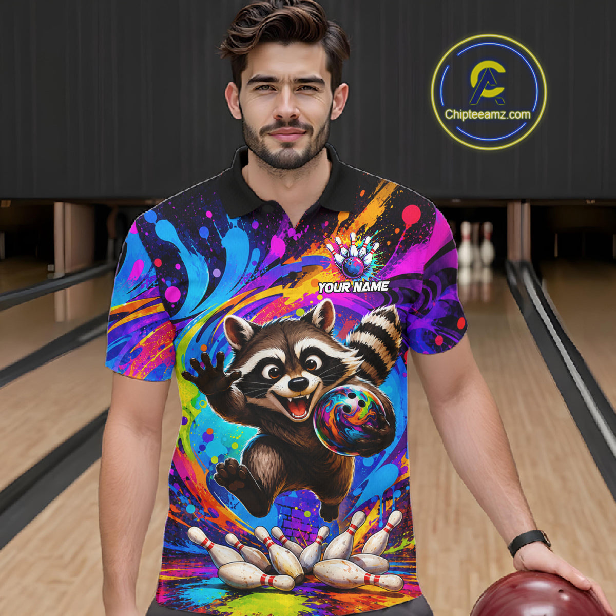 Man wearing funny colorful raccoon bowling polo shirt front view.