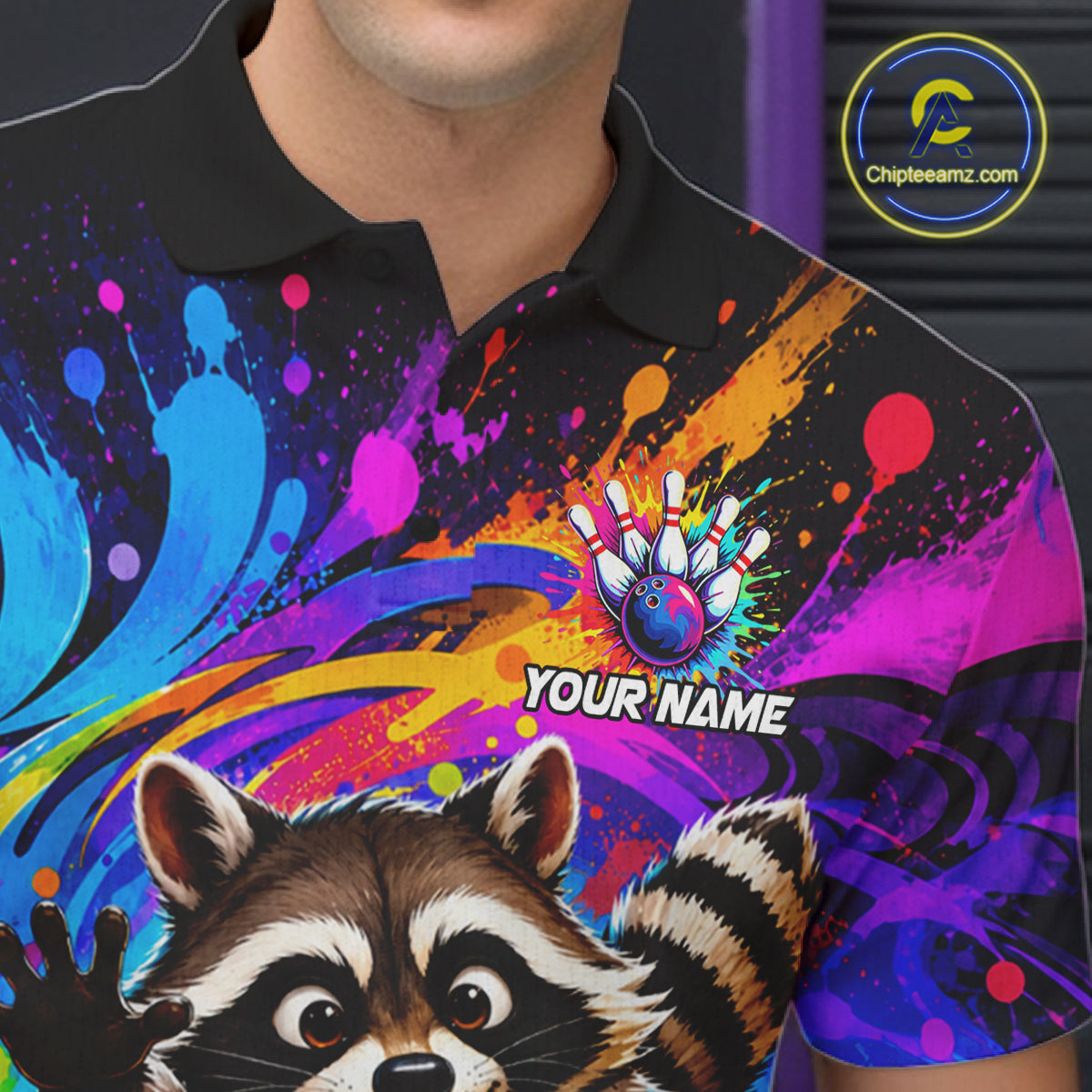 Close-up of the collar, buttons and chest detail on the funny colorful raccoon bowling polo shirt for men.