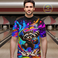 Load image into Gallery viewer, Man wearing funny colorful raccoon bowling quarter zip shirt front view.