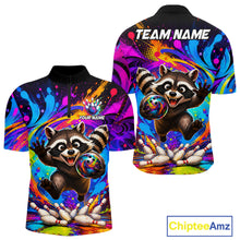 Load image into Gallery viewer, Funny colorful raccoon bowling team quarter zip shirt for men, custom bowling league jersey with colorful raccoon artwork.