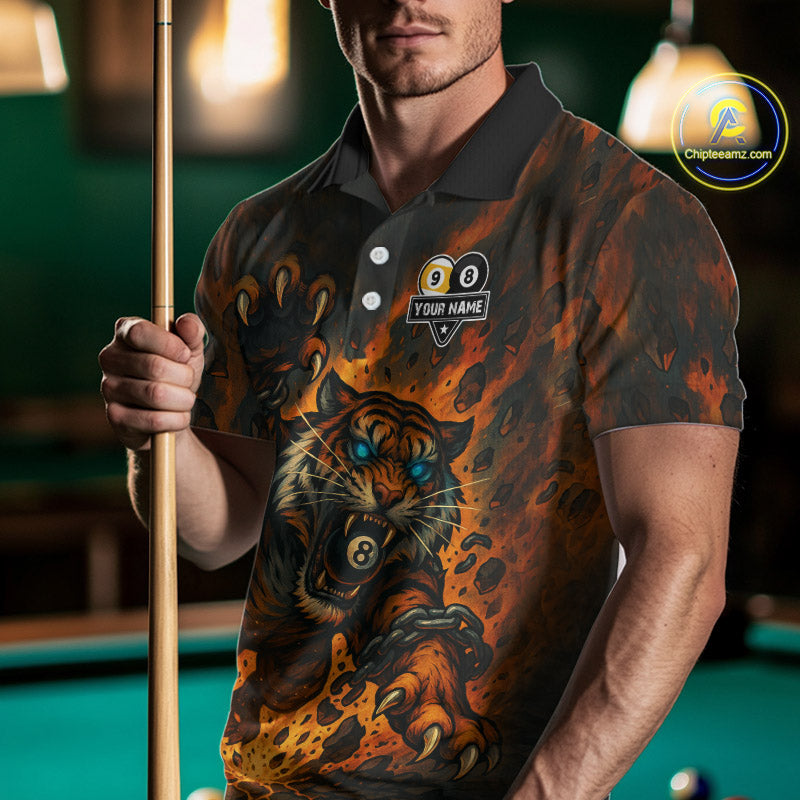 Personalized 8 & 9 Ball Tiger Fire Billiard Shirt For Men Custom Pool Team Jersey Polo & 1/4 Zip TDM4539