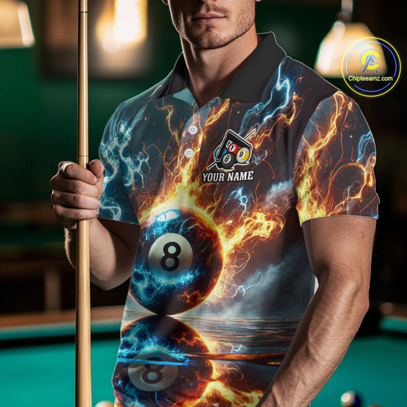 Blue And Orange Strike Thunder Lightning 8 Ball Men Billiard Shirt Custom Pool Team Jersey TDM4542