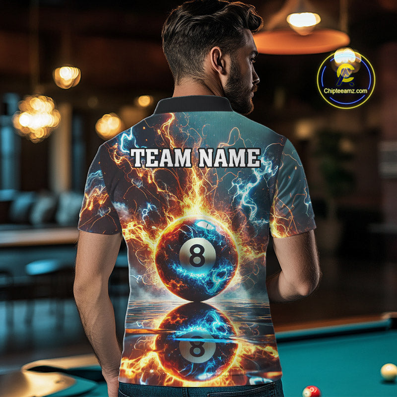Blue And Orange Strike Thunder Lightning 8 Ball Men Billiard Shirt Custom Pool Team Jersey TDM4542