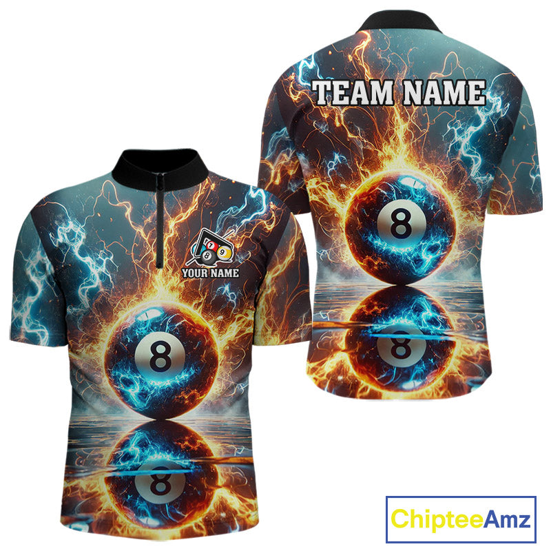 Blue And Orange Strike Thunder Lightning 8 Ball Men Billiard Shirt Custom Pool Team Jersey TDM4542