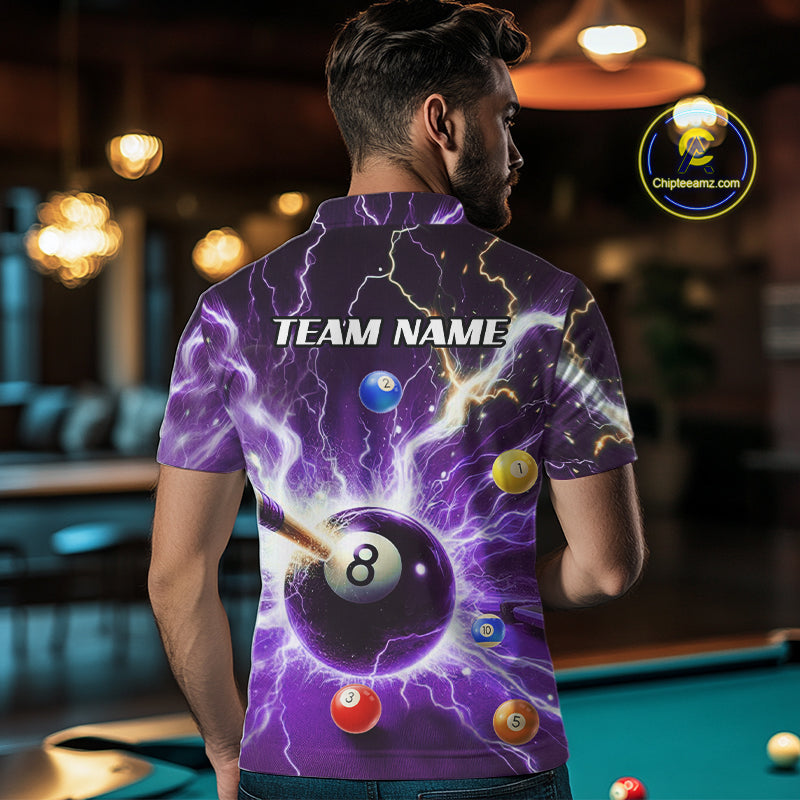 Thunder Lightning Strike 8 Ball Men Billiard Shirts Custom Purple Billiard League Pool Team Jersey TDM4544