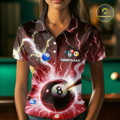 Thunder Lightning Strike 8 Ball Women Billiard Shirts Custom Red Billiard League Pool Team Jersey TDM4545