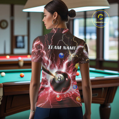 Thunder Lightning Strike 8 Ball Women Billiard Shirts Custom Red Billiard League Pool Team Jersey TDM4545