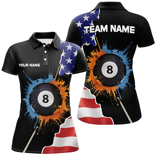 8 Ball Billiard Watercolor American Flag Custom Name Women Polo Shirts Patriotic Gifts For Player TDM0319