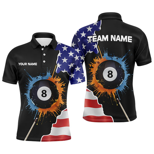 8 Ball Billiard Watercolor American Flag Custom Name Men Polo Shirts Patriotic Gifts For Player TDM0319