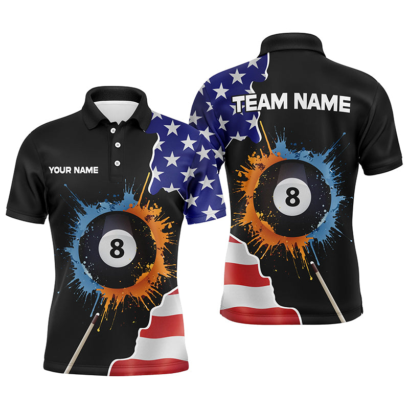 8 Ball Billiard Watercolor American Flag Custom Name Men Polo Shirts Patriotic Gifts For Player TDM0319