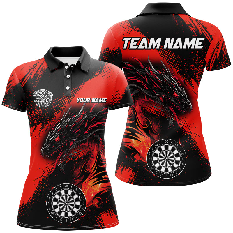 Red Grunge Custom Dragon Darts Polo & Quarter Zip Shirt For Women, Darts League Jerseys Uniform TDM2692