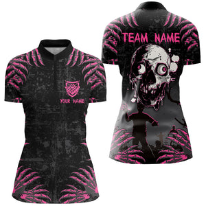 Funny Skull Claw Pattern Custom Women Billiard Shirts, Grunge Pink Black Halloween Billiard Jerseys TDM2698