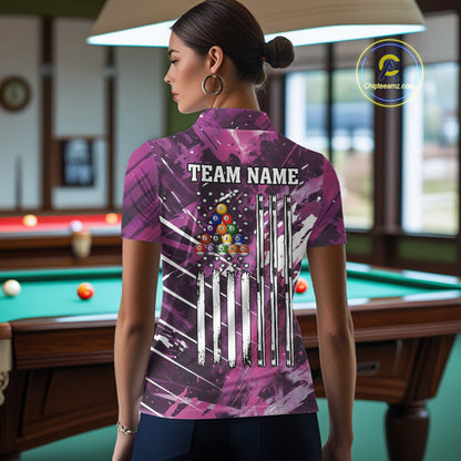 Purple Grunge US Flag Billiard Shirt For Women Custom 8 Ball Pool Team Shirt, Billiard Jersey TDM4969