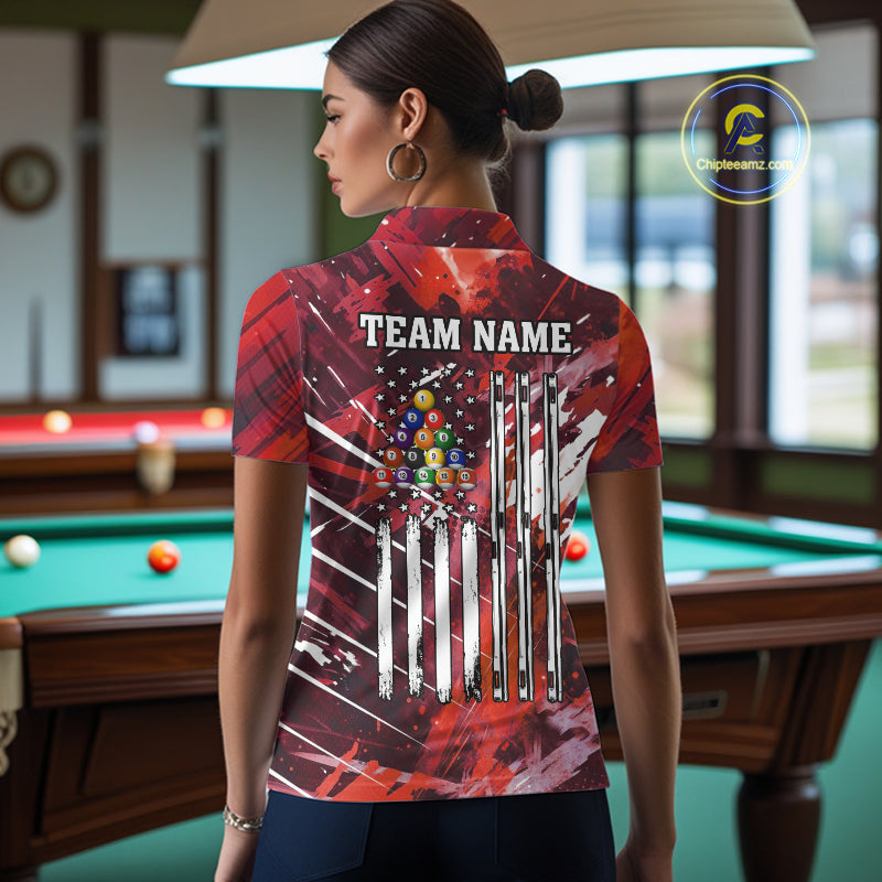 Red Grunge US Flag Billiard Shirt For Women Custom 8 Ball Pool Team Shirt, Funny Billiard Jersey TDM4970