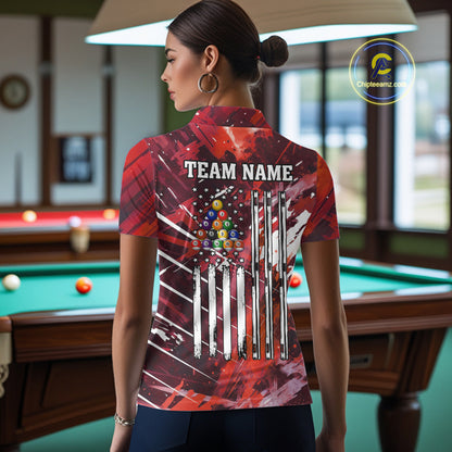 Red Grunge US Flag Billiard Shirt For Women Custom 8 Ball Pool Team Shirt, Funny Billiard Jersey TDM4970